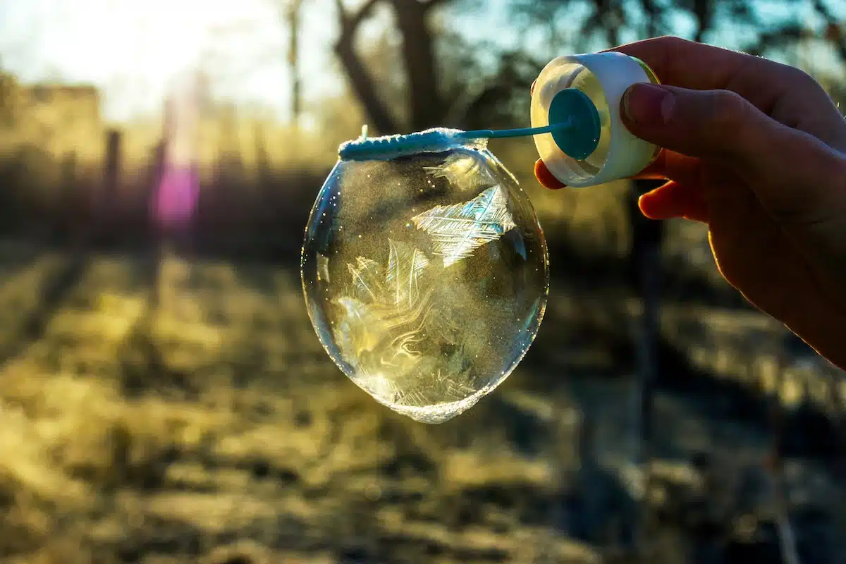 soap bubble is freezing in a cold