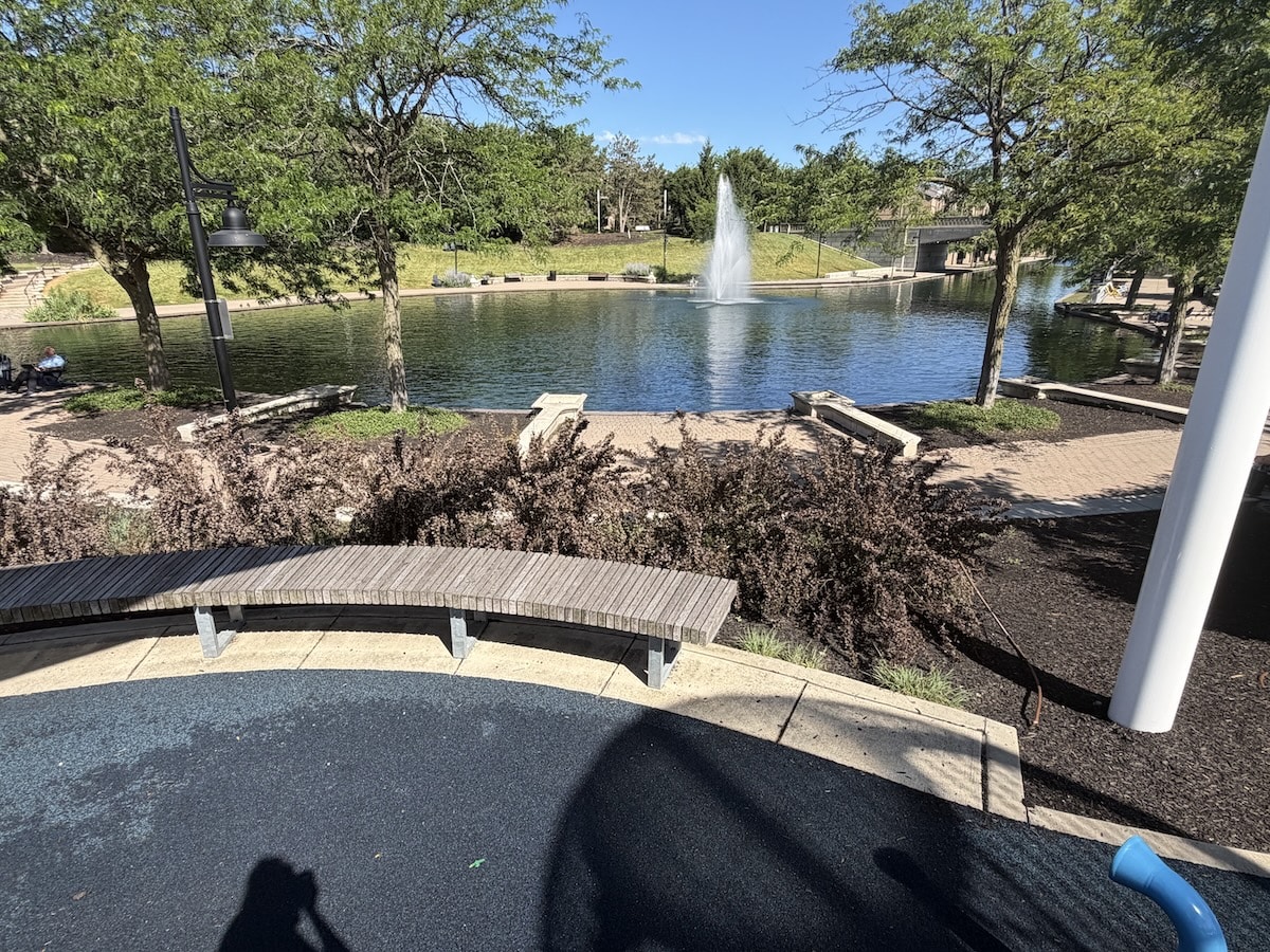 View of the Downtown Canal Walk from Colts Canal Playground in Indianapolis