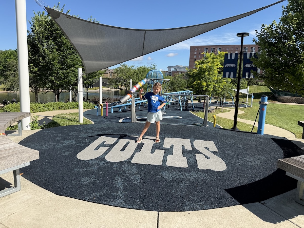 Child wearing an Indianapolis Colts shirt at Colts Canal Playground in downtown Indianapolis