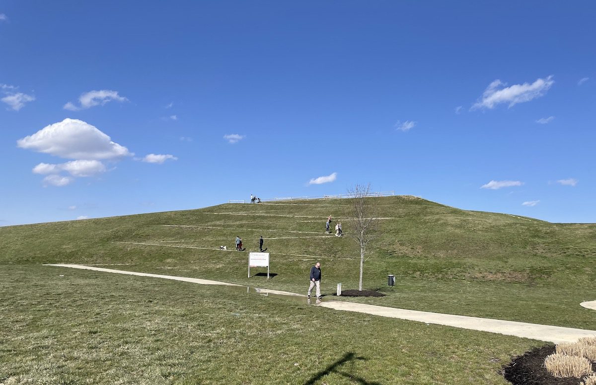 Front side of the sledding hill at flat fork creek park in Fishers