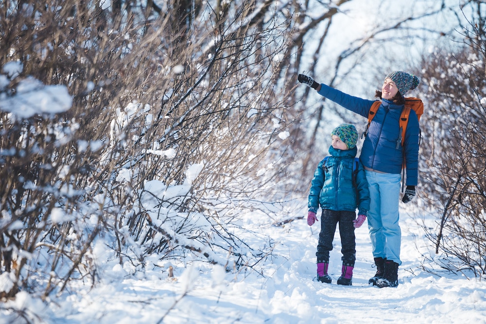 Woman with a child on a winter hike in the mountains. homeschool hike