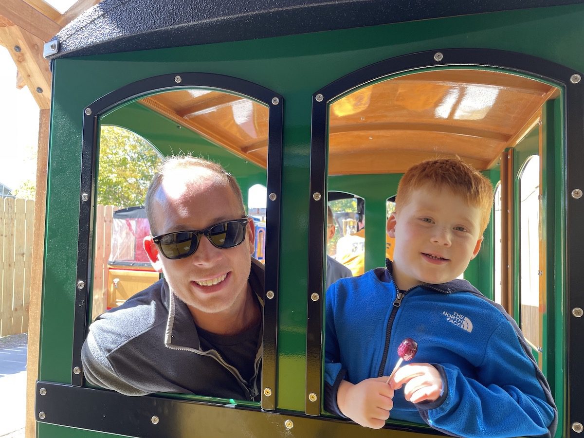Take a Ride on the Sullivan Express to PumpkinTown 3 A boy and dad riding the PumpkinTown Sullivan Express