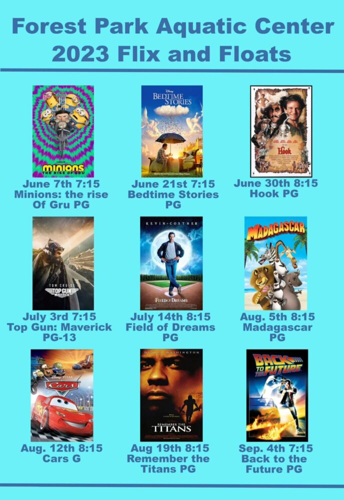 Flix and Float at Forest Park Aquatic Center 2023 movie lineup