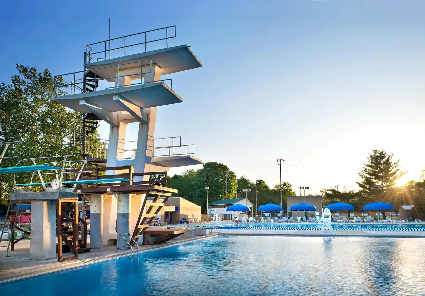Diving board at sunset at Forest Park Aquatic Center in Noblesville