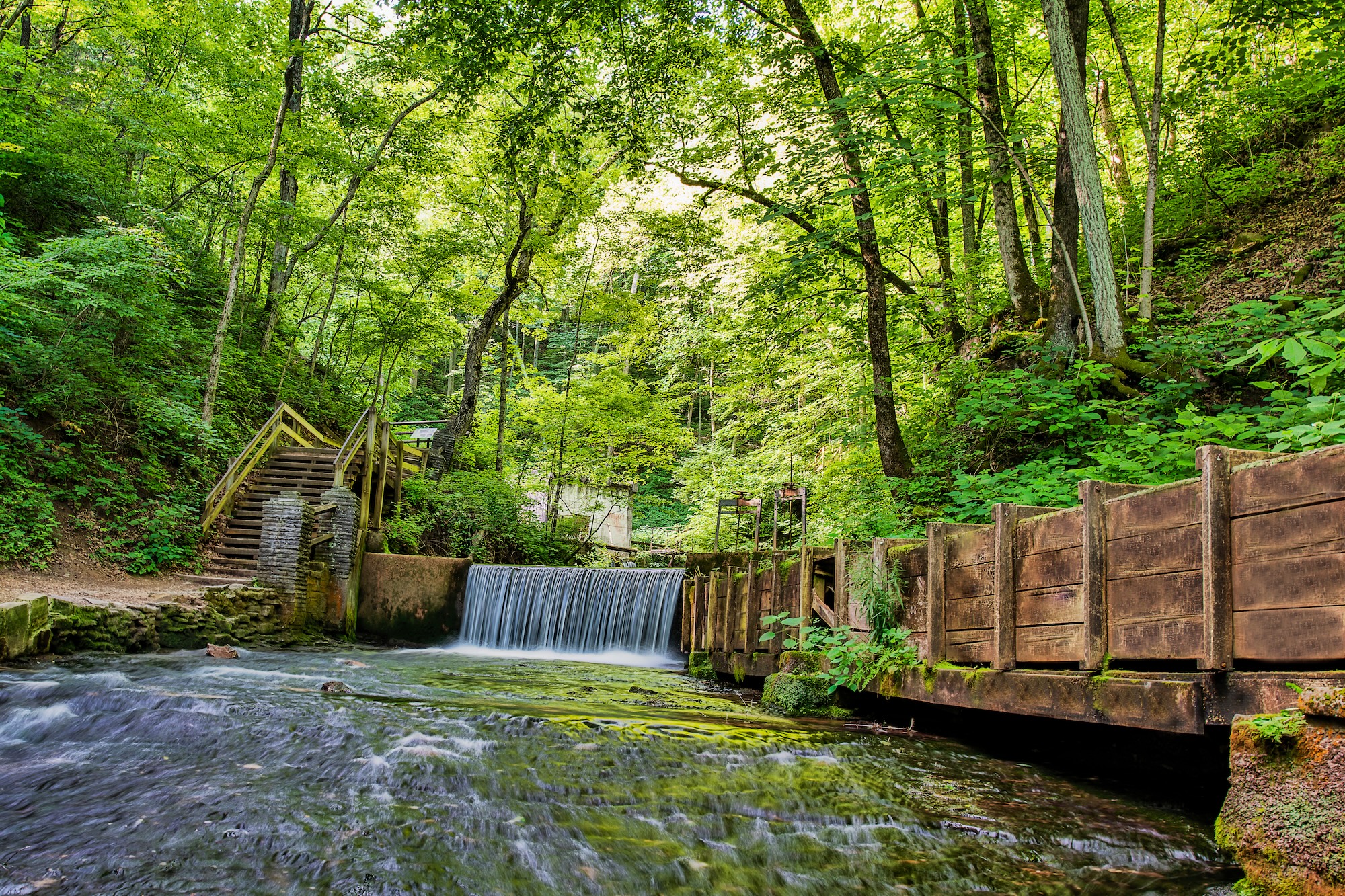 Waterfall near hamer cave where the flume starts at Spring Mill State Park.