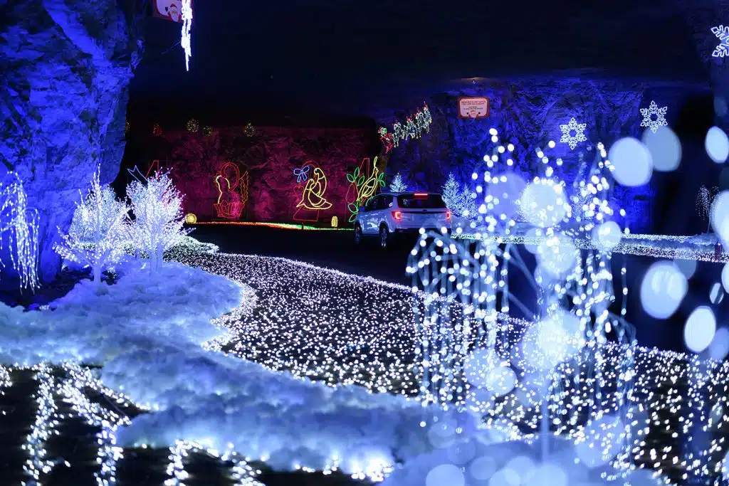 Snowy trees and white lights display at Lights Under Louisville inside the Mega Cavern