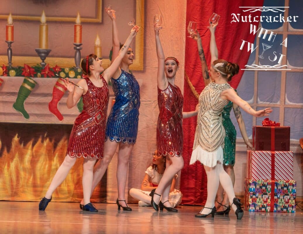 Dancers in 1920s-style dresses on stage in Ballet INitiative's Nutcracker with a Twist