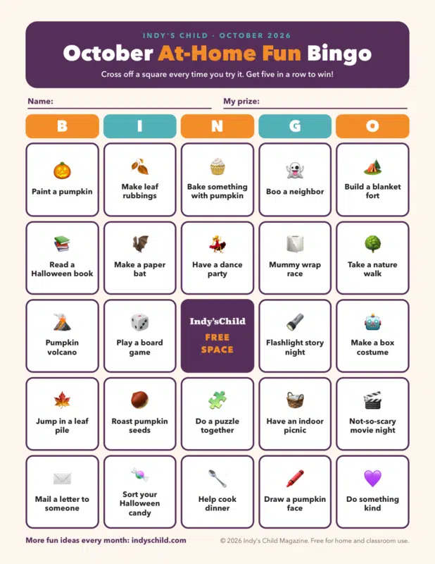 Free October At-Home Fun Bingo printable for kids from Indy’s Child