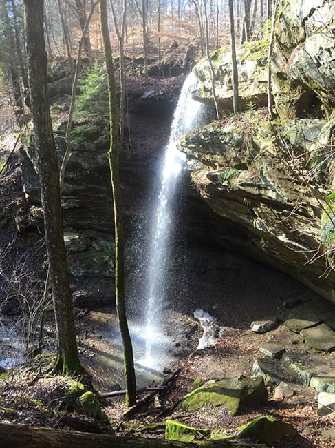 Seasonal waterfall along Hemlock Cliffs trail in Hoosier National Forest in southern Indiana