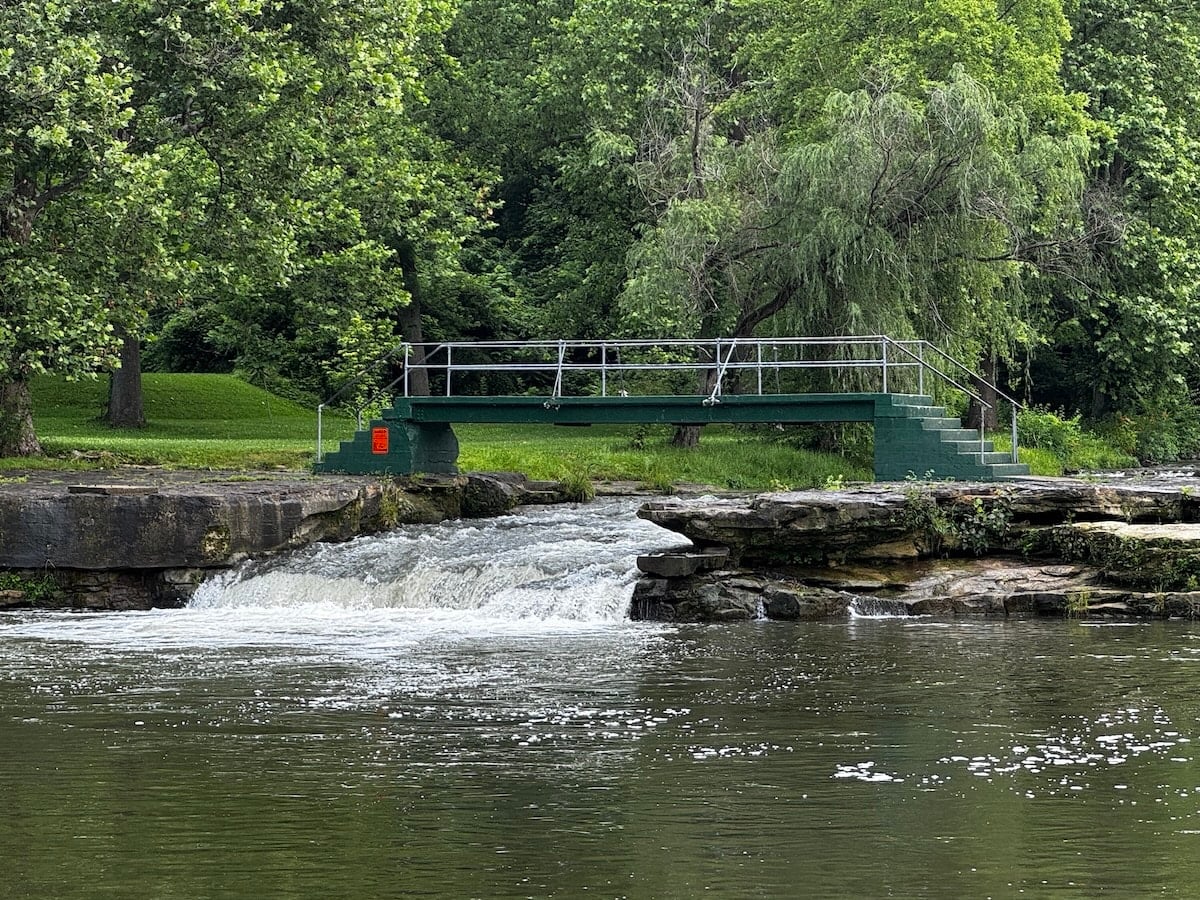 Falls Park in Pendleton view of bridge and waterfall