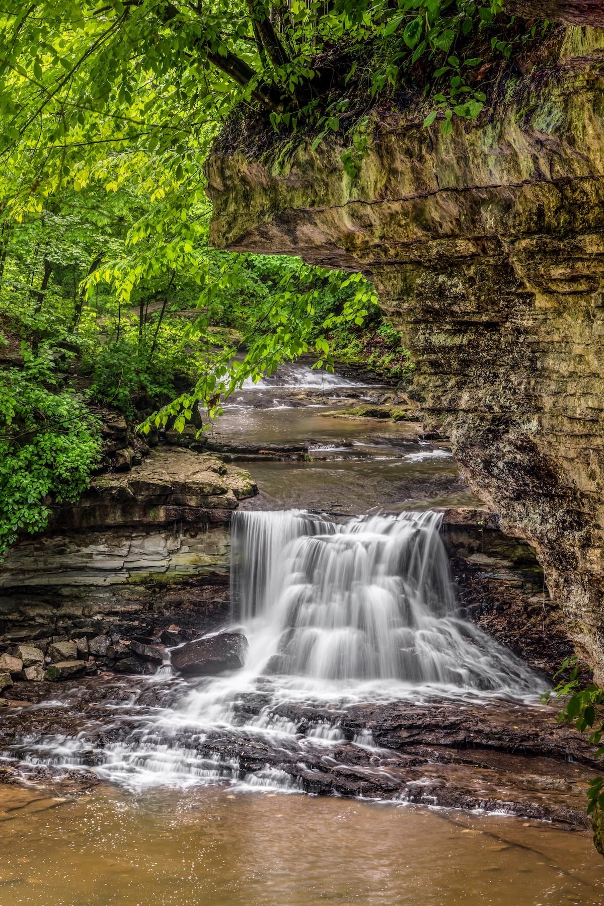 Small waterfall in a rocky canyon at McCormick’s Creek State Park in Spencer, Indiana