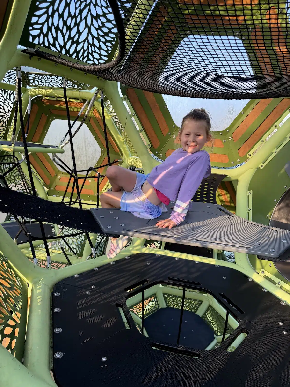 Young girl climbing inside the treetop dome at Meadowlark Park playground