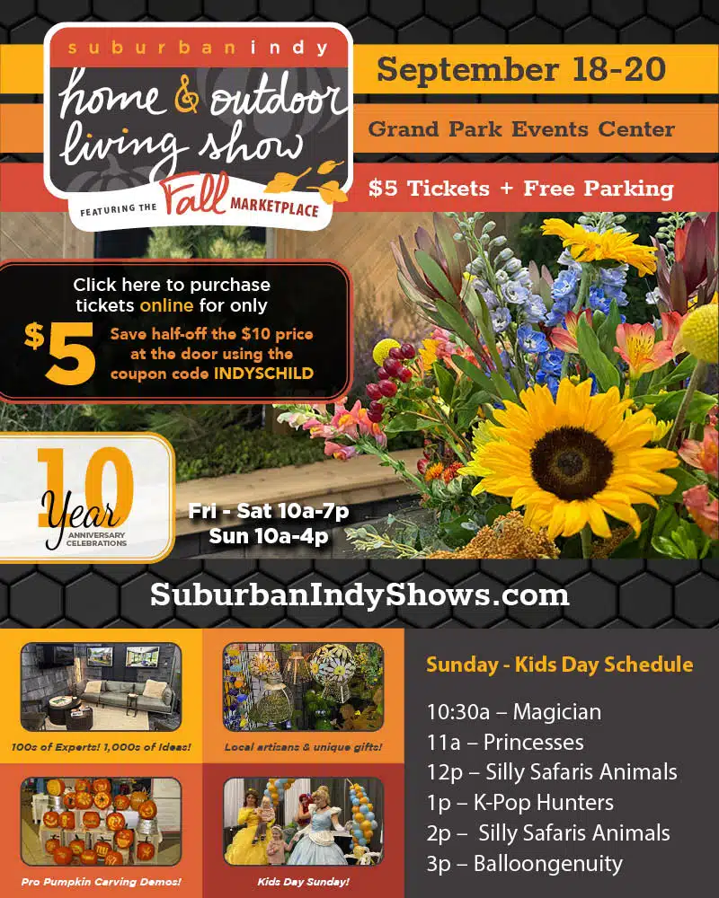 Suburban Indy Fall Home & Outdoor Living Show 2026 flyer for Sept. 18–20 at Grand Park Events Center