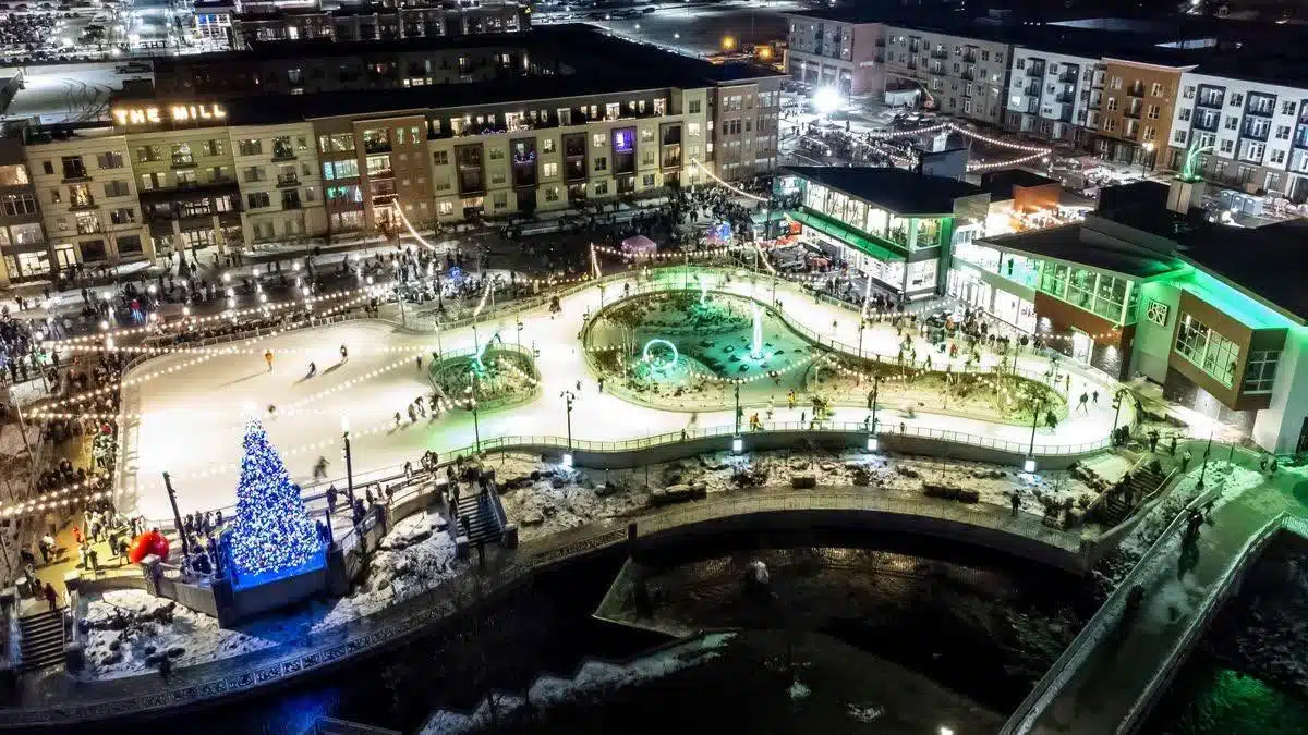Ironworks Ice Rink at Ironworks Plaza in Mishawaka with ribbon-style skating and winter lights