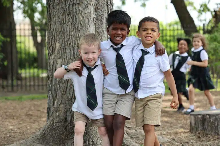Pre K students outside in nature