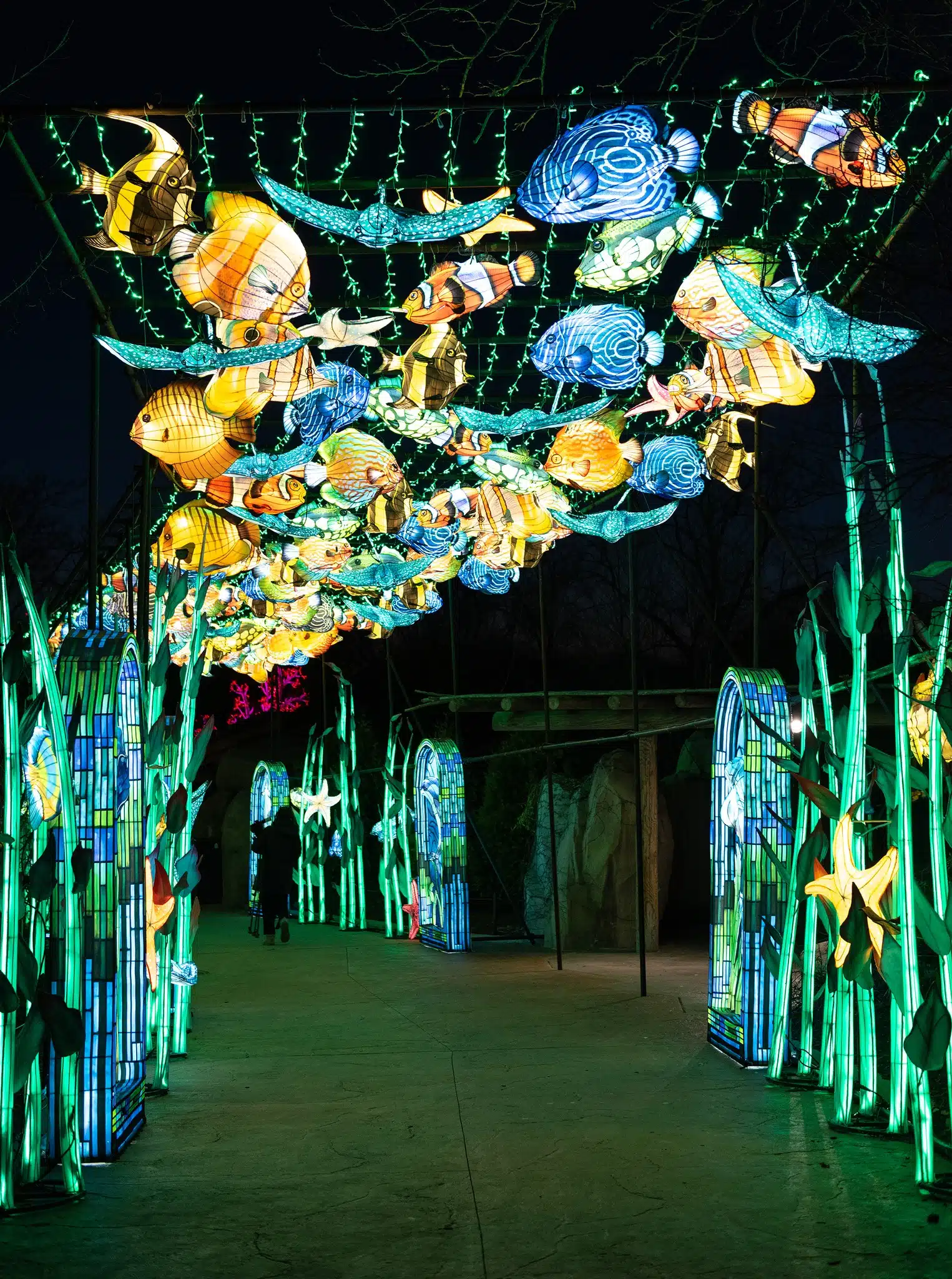 Family walking through glowing lantern displays at Glo Wild at the Fort Wayne Zoo lantern festival