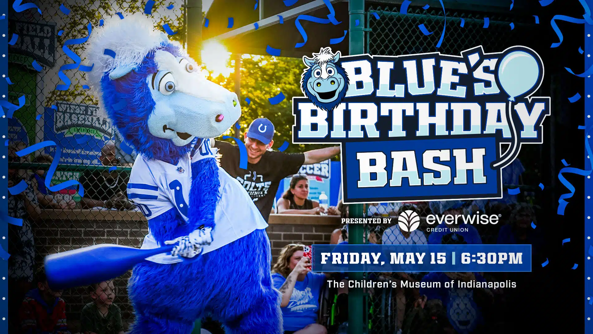 Blue's Birthday Bash promotional graphic featuring the Indianapolis Colts mascot