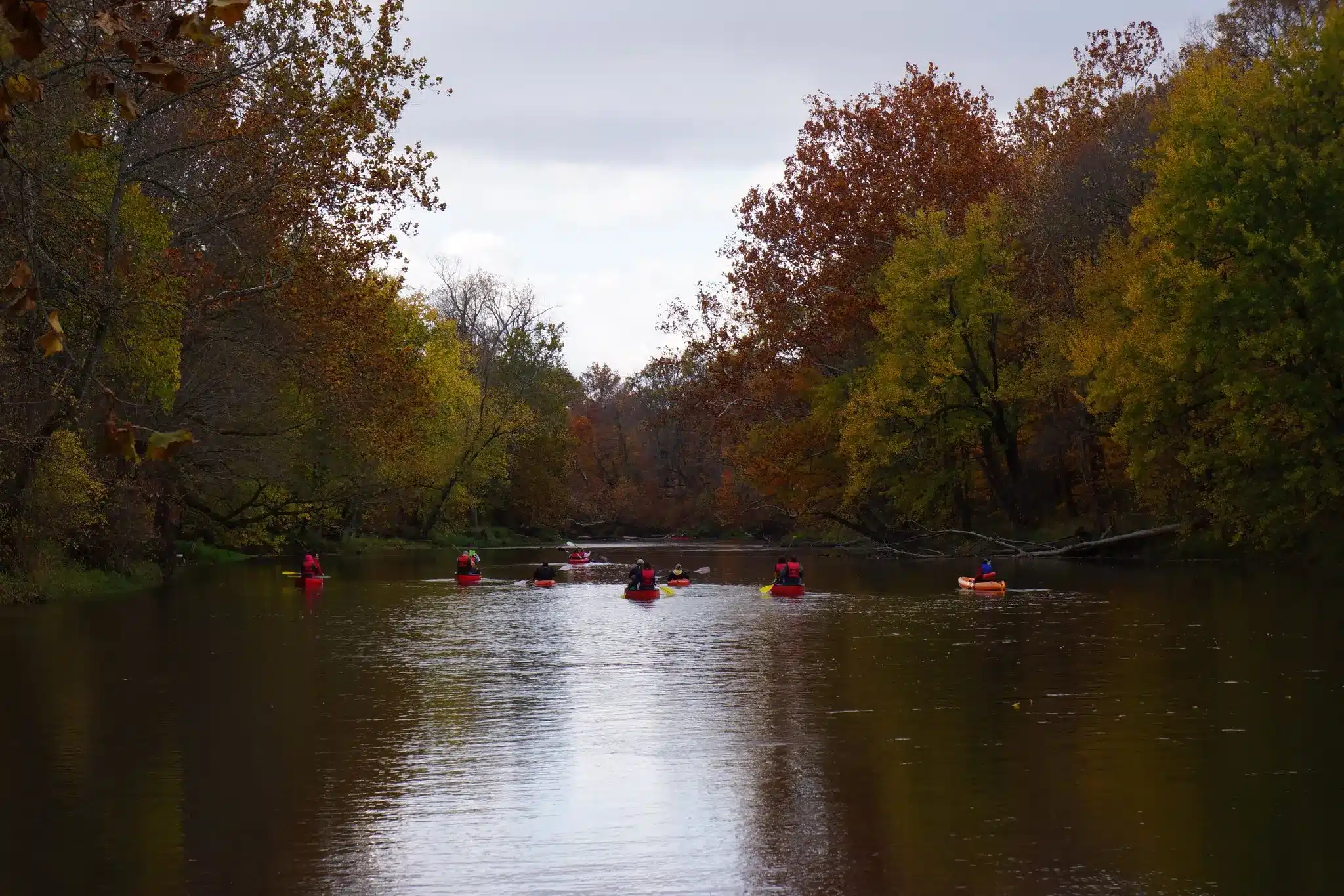 Kayakers paddling on the White River near Noblesville Indiana