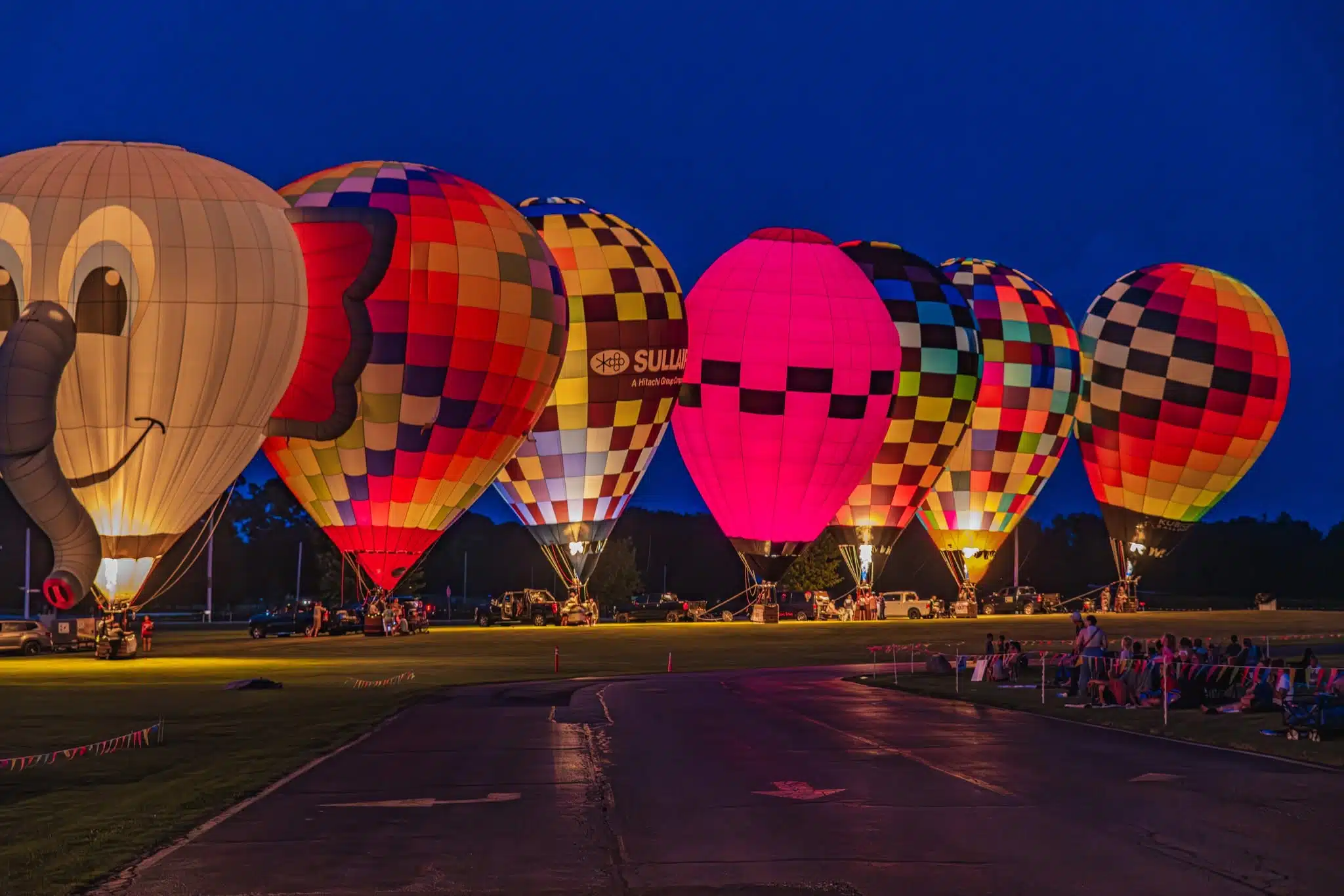 Hot air balloons glowing at Angola Balloons Aloft in Angola, Indiana