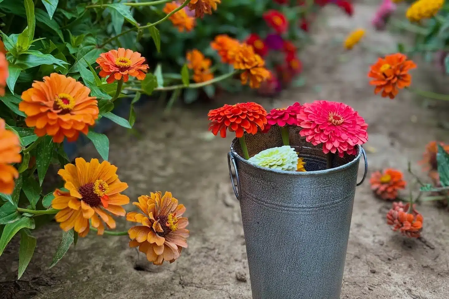 Freshly cut summer flowers arranged in a bucket at Beasley's Orchard