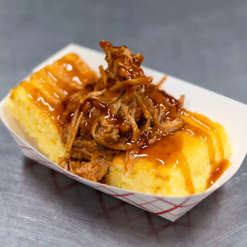 Cornbread and Que with pulled pork and hot honey from Indiana Pork Producers