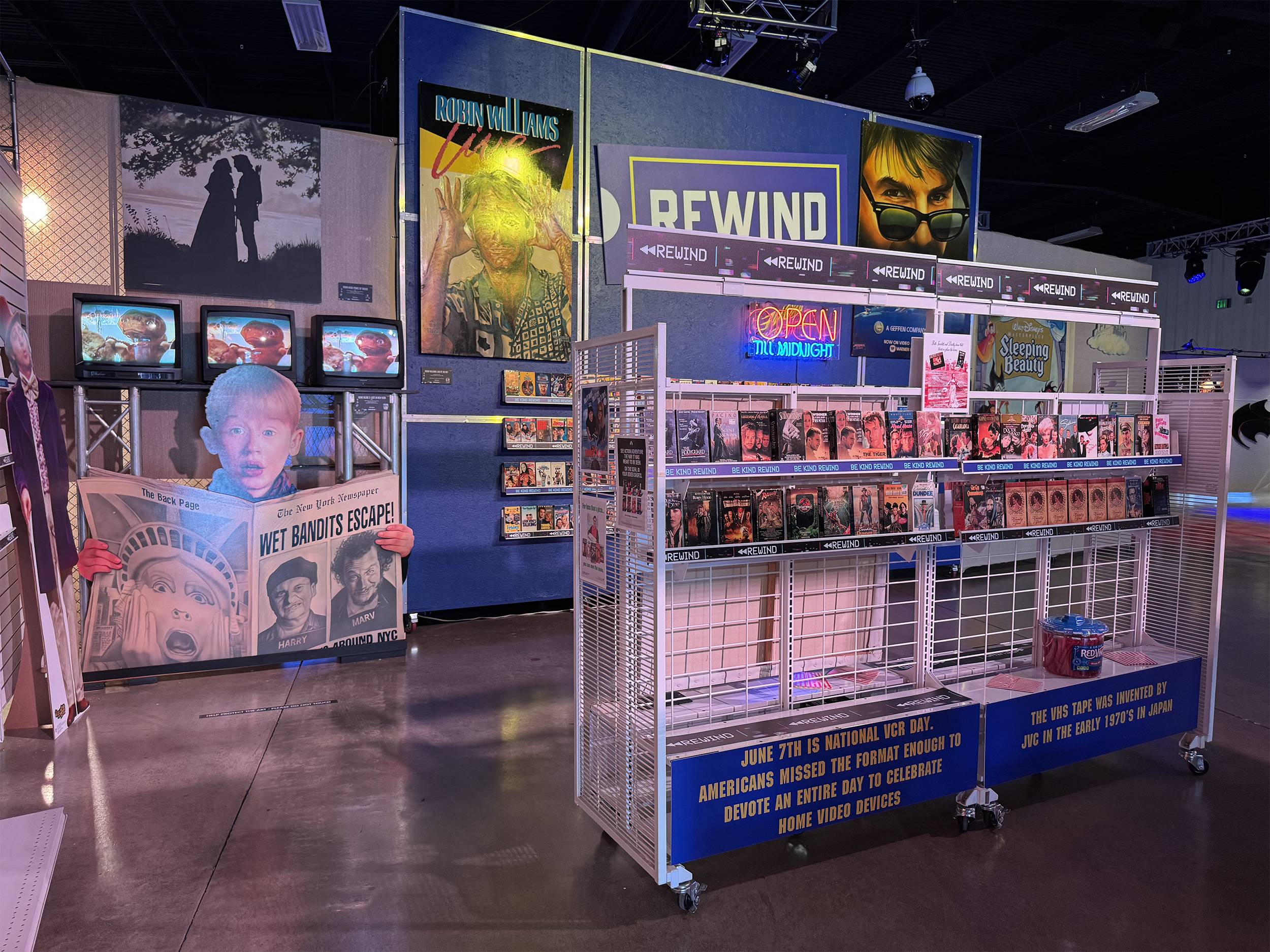 REWIND VHS video store exhibit inside Harvest Pavilion at the 2026 Indiana State Fair