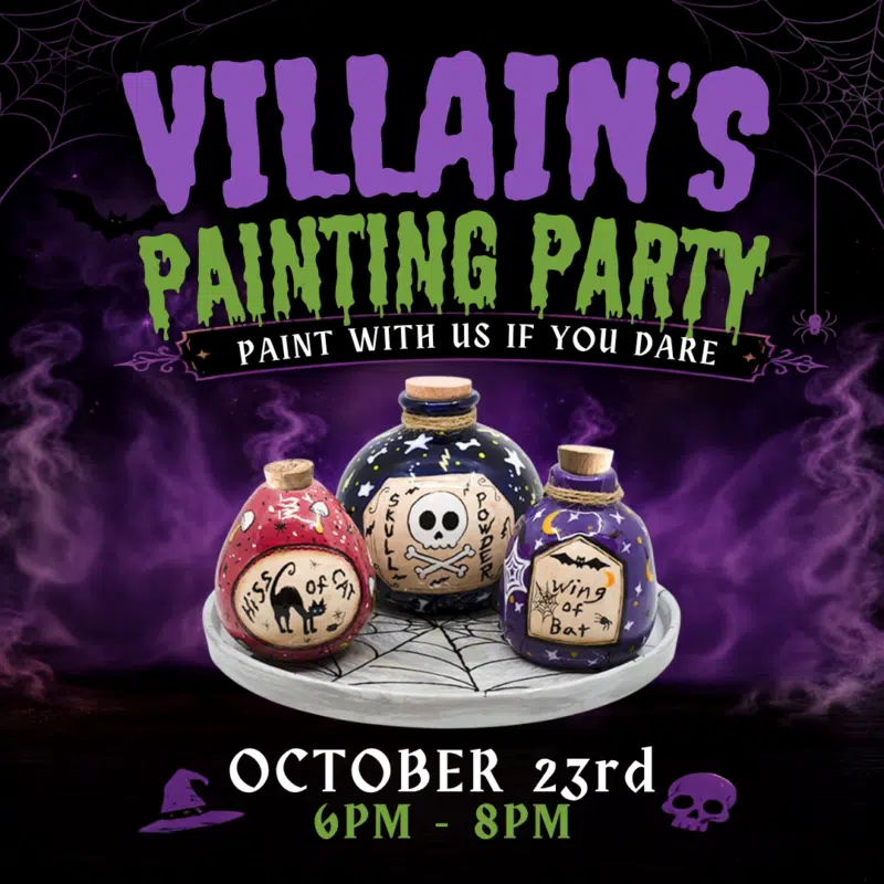Villain's Painting Party graphic from uPaint Pottery Studio