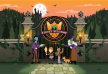 Meet a New Class of Villains at The Children’s Museum’s 62nd Annual Haunted House Fright Academy haunted house artwork with cartoon students, a vampire and a witch at an iron gate