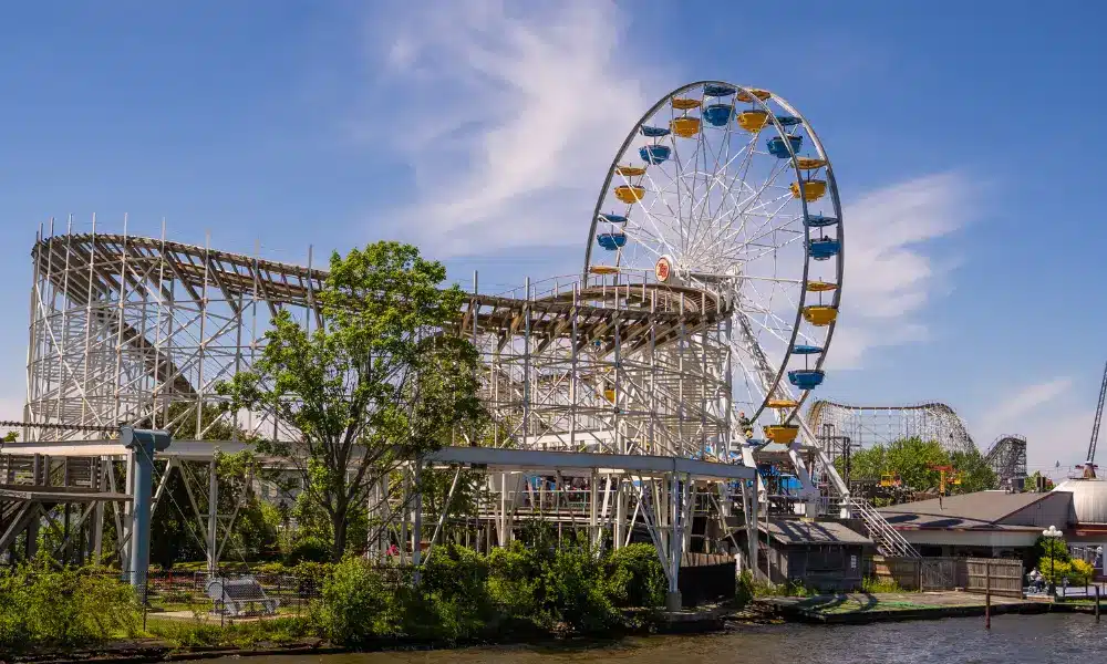 Ferris wheel and roller coaster at Indiana Beach amusement park