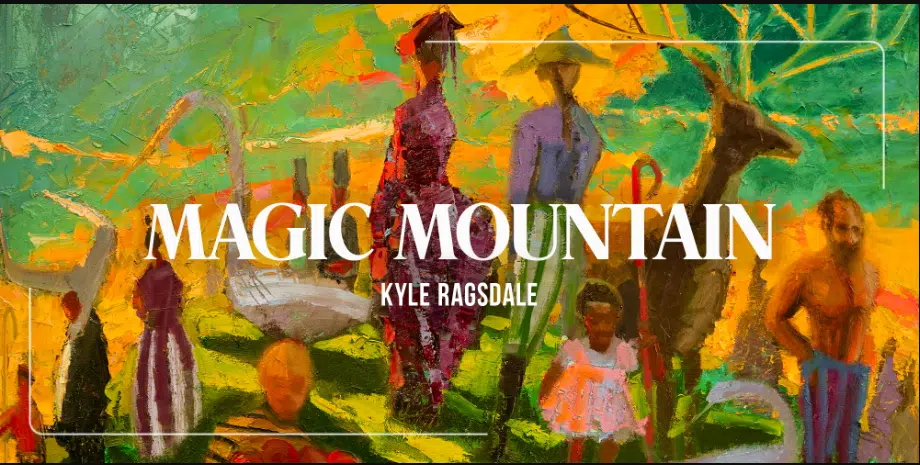 Magic Mountain by Kyle Ragsdale, a painting of figures and animals in bright colors, the banner for the Harrison Center's November First Friday