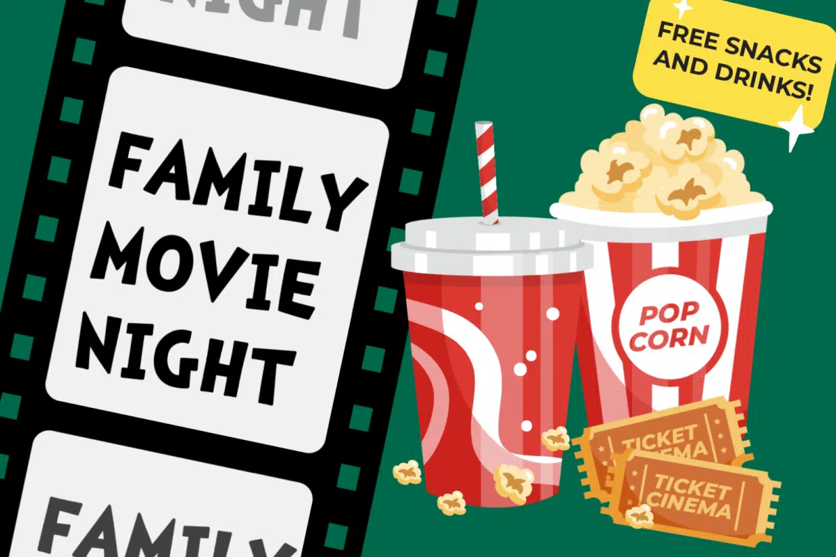 Family Movie Night graphic with popcorn, a drink and movie tickets
