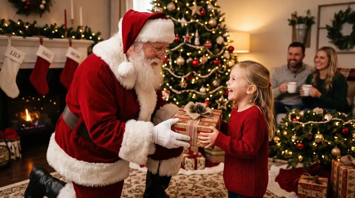 Santa Claus handing a wrapped present to a smiling child beside a Christmas tree