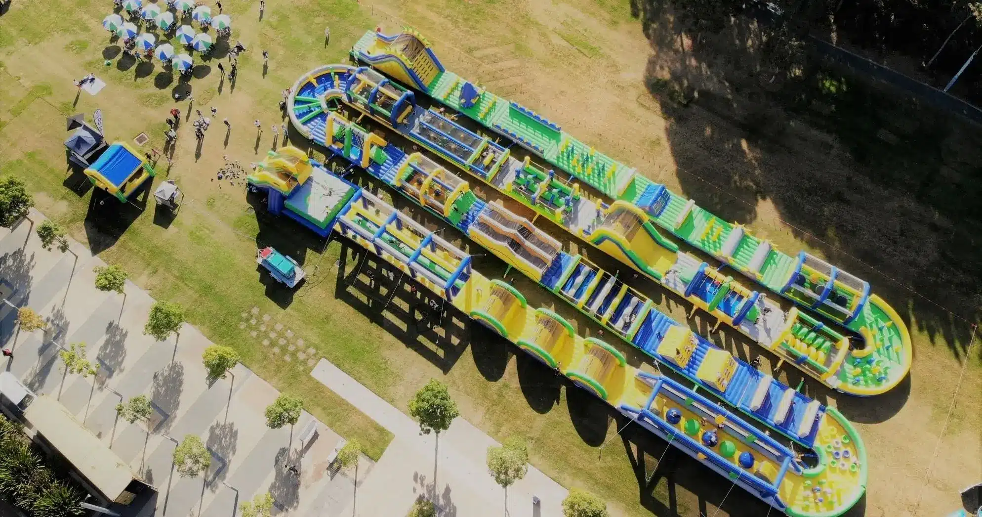 Giant 1,000-Foot Inflatable Obstacle Course Coming to Zionsville 3 Drone view of the full Tuff Nutterz inflatable obstacle course set up on an open field