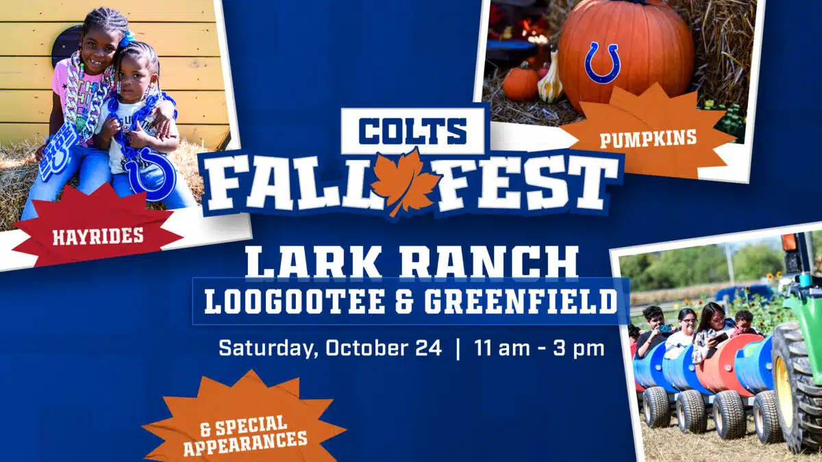 Colts Fall Fest graphic with photos of kids on hay bales, a Colts pumpkin and a barrel train ride