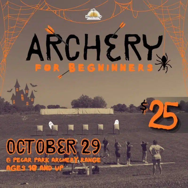 Archery for Beginners graphic for Oct. 29 at the Pecar Park archery range