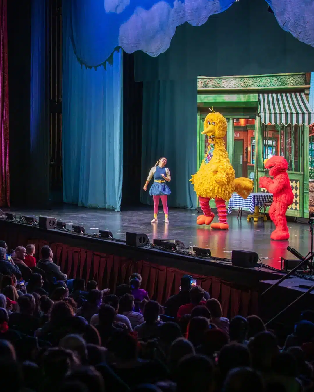 Families in the audience watch Big Bird, Elmo and a performer on stage during Sesame Street Live Elmo's Got the Moves