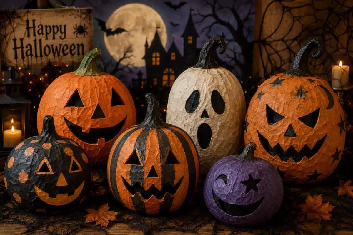Painted papier-mache jack-o-lanterns