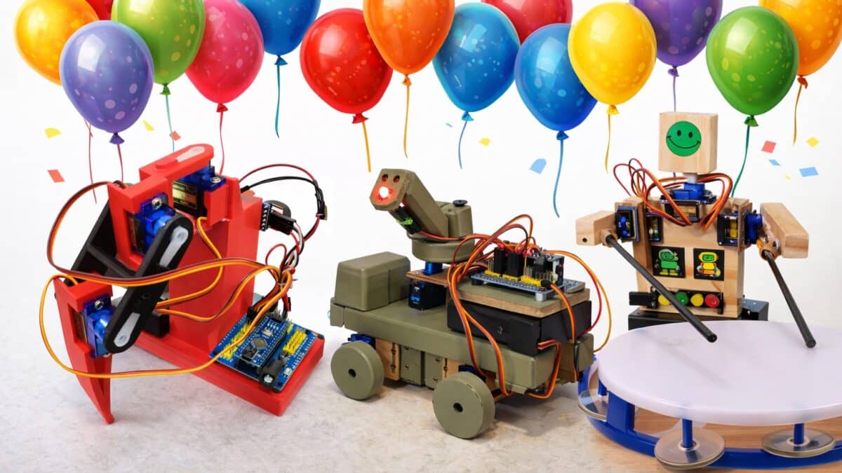 Three handmade robots, a red robot, a green robot truck and a wooden drumming robot, under a cluster of colorful balloons