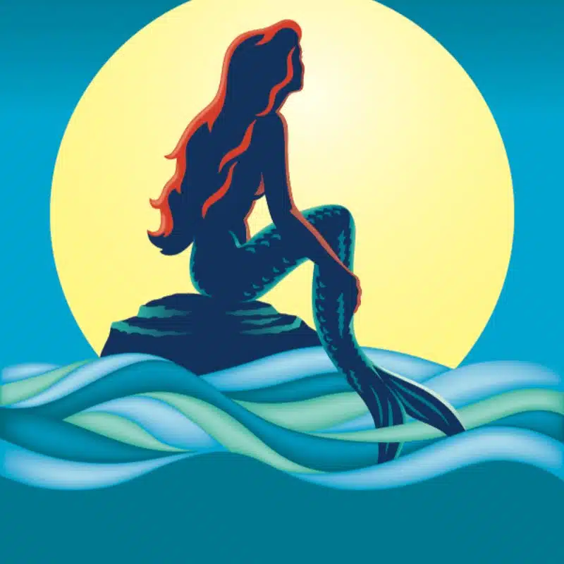 Show art for Disney's The Little Mermaid at Brownsburg High School, with Ariel sitting on a rock against a yellow moon above the waves