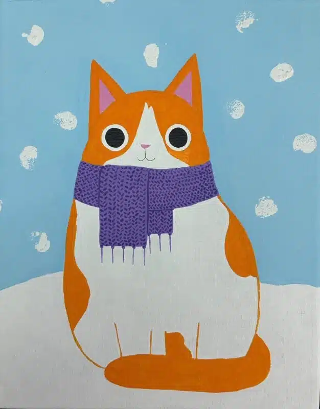 Sample acrylic painting of a cat wearing a winter scarf