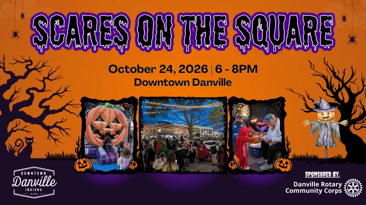 Scares on the Square 2026 graphic with photos of inflatables and trunk-or-treating in downtown Danville