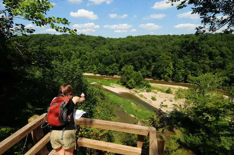 An overlook above Sugar Creek at Shades State Park