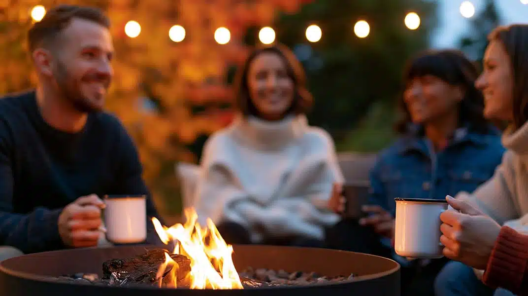 Friends holding mugs sit around a fire pit under string lights